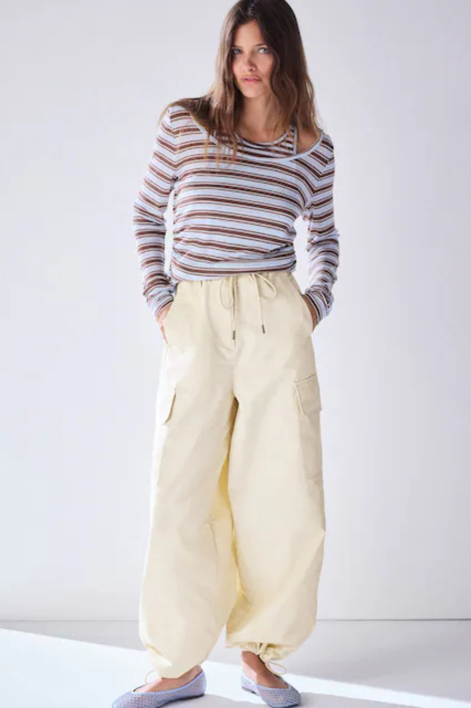 Beige Cargo Cotton Balloon Leg Trousers