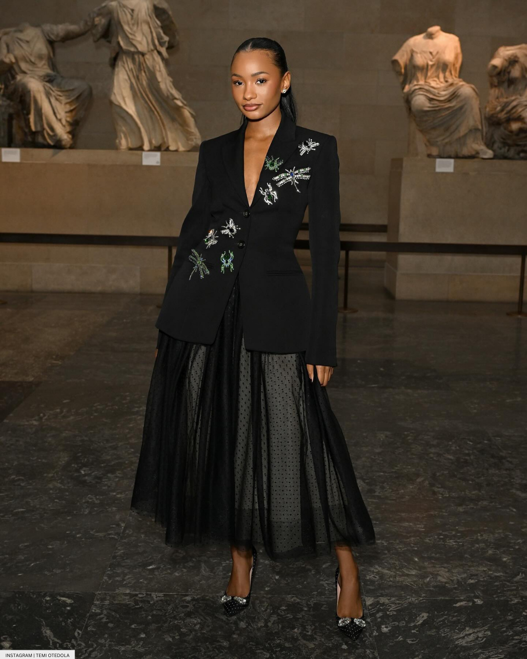 Temi Otedola Pairs A Gathered Skirt With A Suit For Erdem's Fashion Show