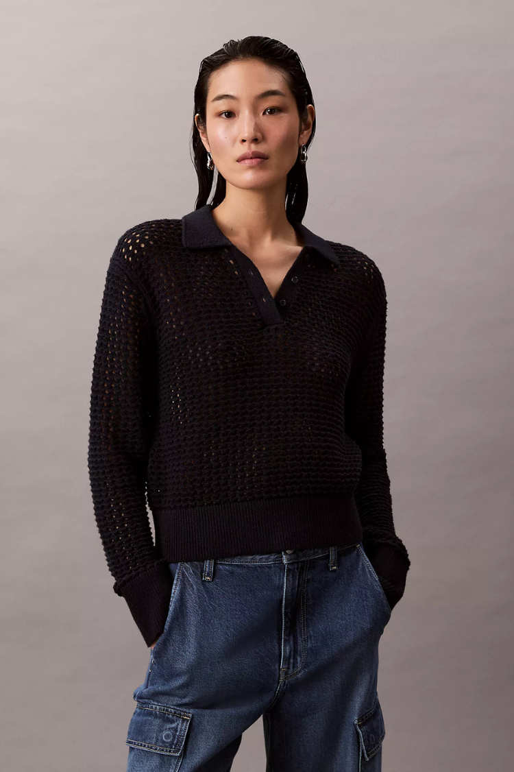 Open Stitch Polo Sweater