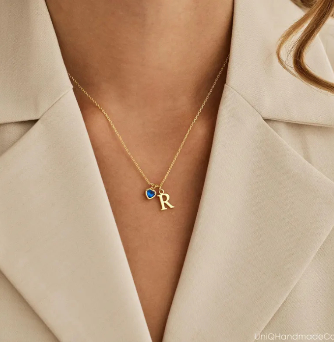 Dainty Initial Necklace with Heart Birthstone