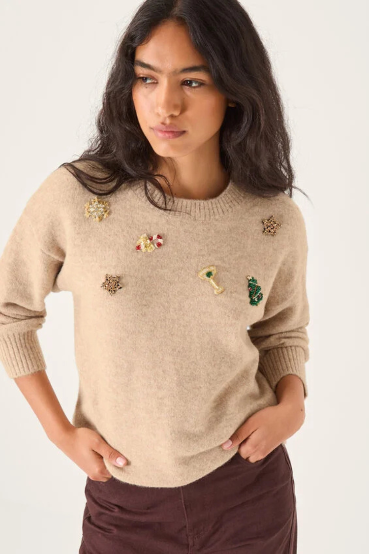 Edie Embroidered Christmas Jumper Camel