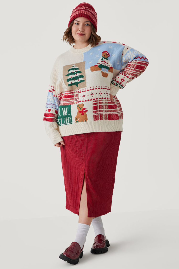 Round Neck Bear Graphic Knitted Long Sleeve Top Curve & Plus