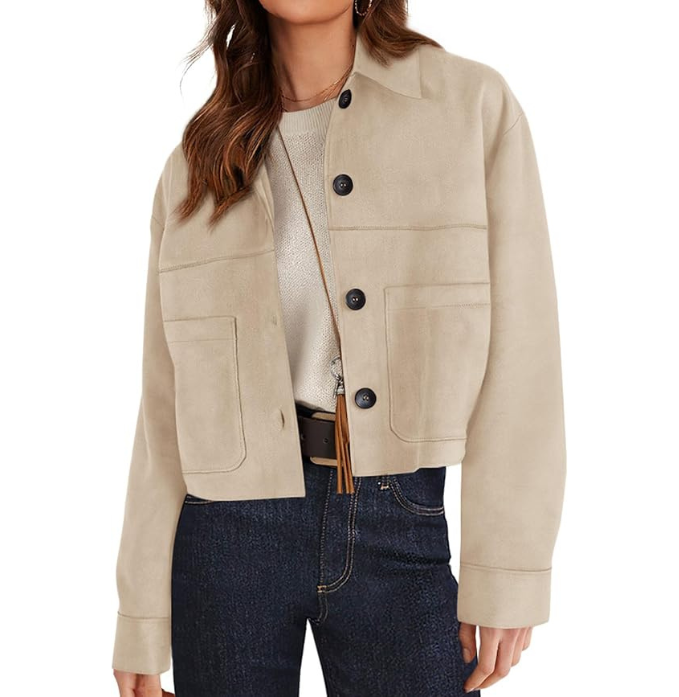 PRETTYGARDEN Faux Suede Cropped Jacket