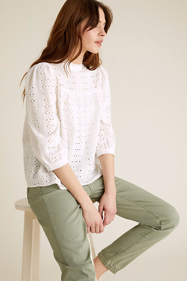 M&S Pure Cotton Broderie Short Sleeve Blouse