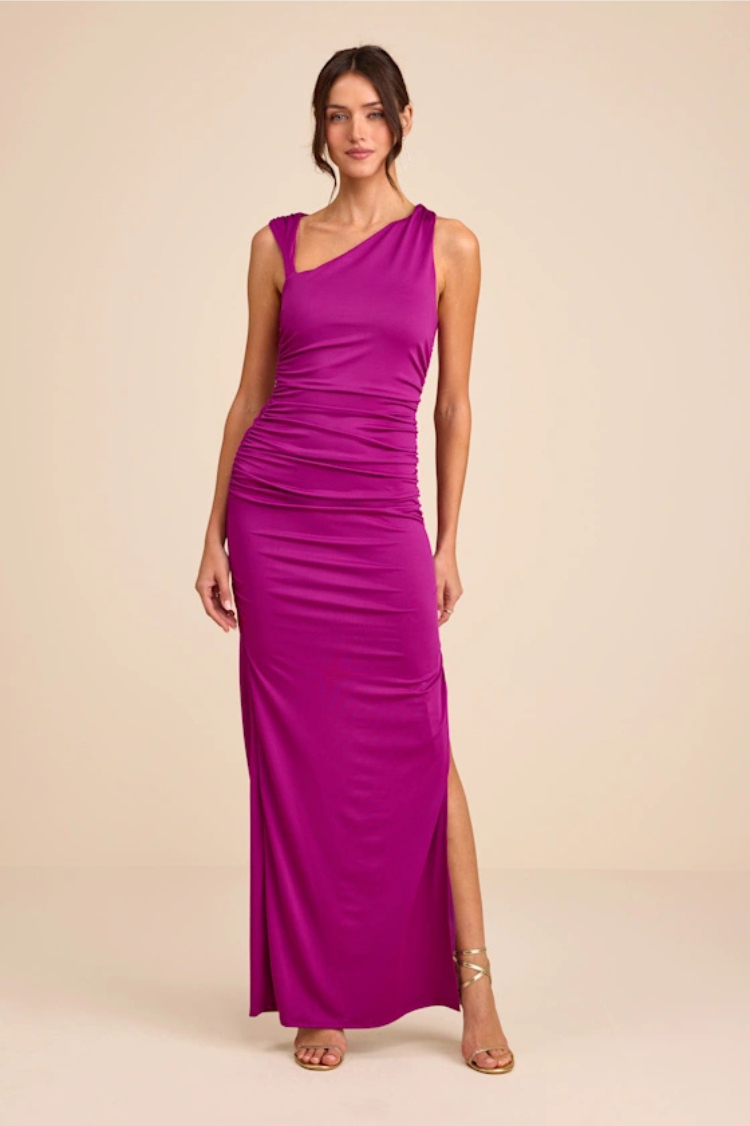 Enticing Darling Magenta Asymmetrical Ruched Maxi Dress