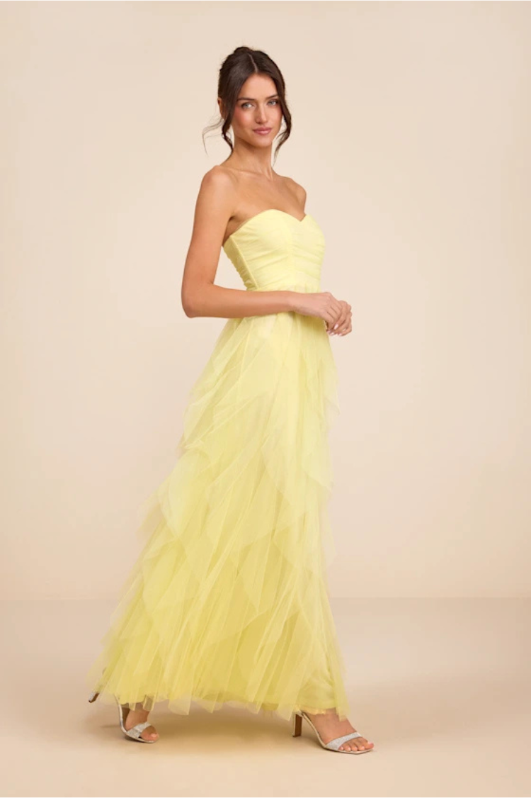 Yellow Strapless Ruched Ruffled Maxi Dress