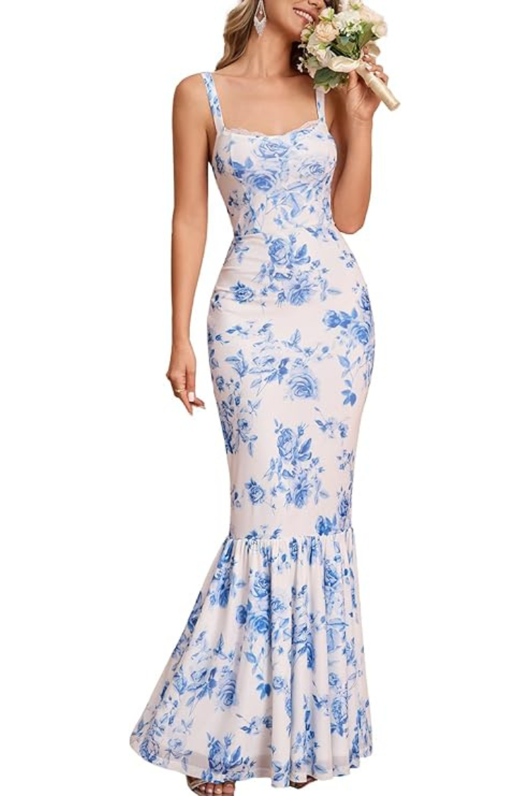 HTZMO Floral Lace Square-Neck Bodycon Maxi Dress