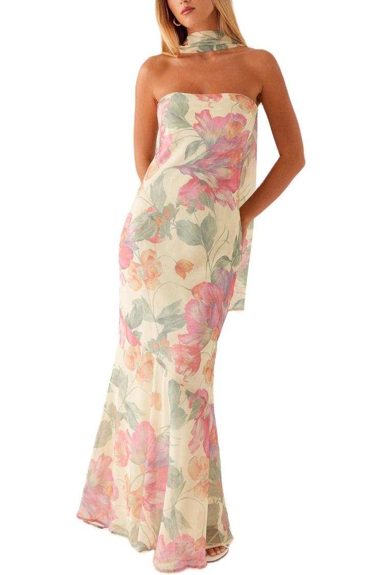Strapless Floral Mesh Tube Maxi Dress