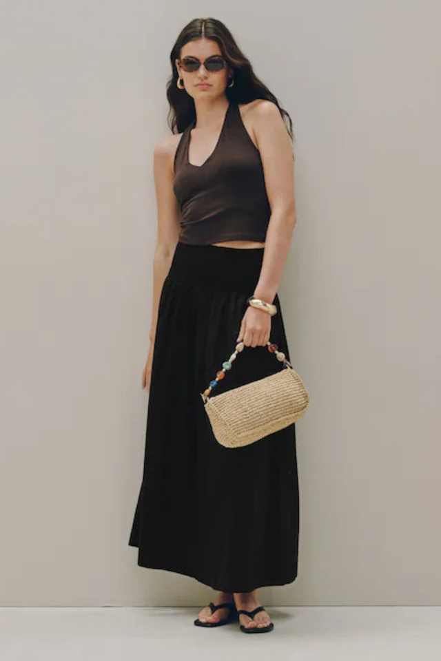 Black Shirred Maxi Skirt