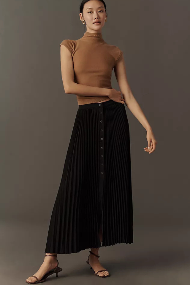 Maeve Pleated Button-Front Maxi Skirt
